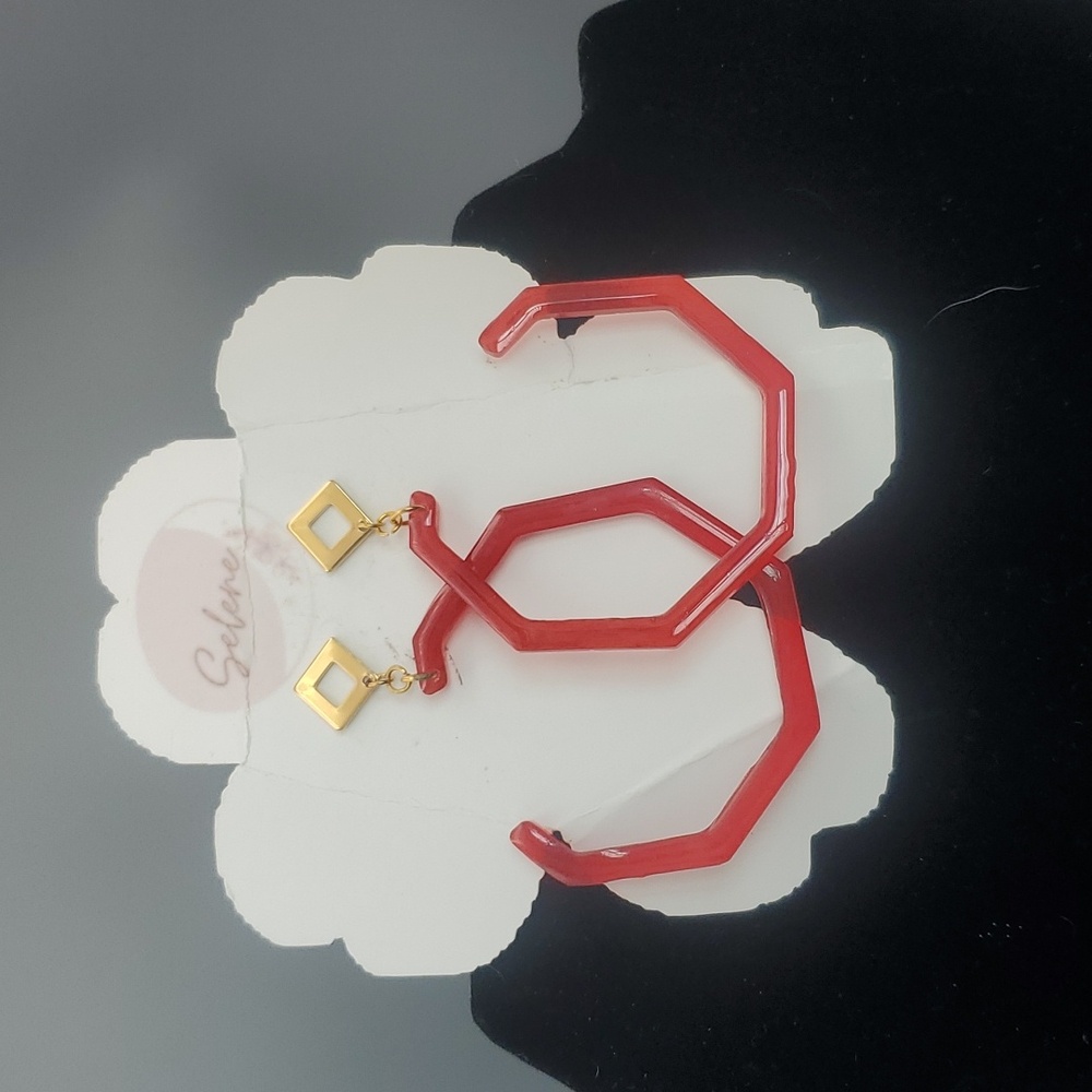 Selene Red Resin and Gold Loop Earrings